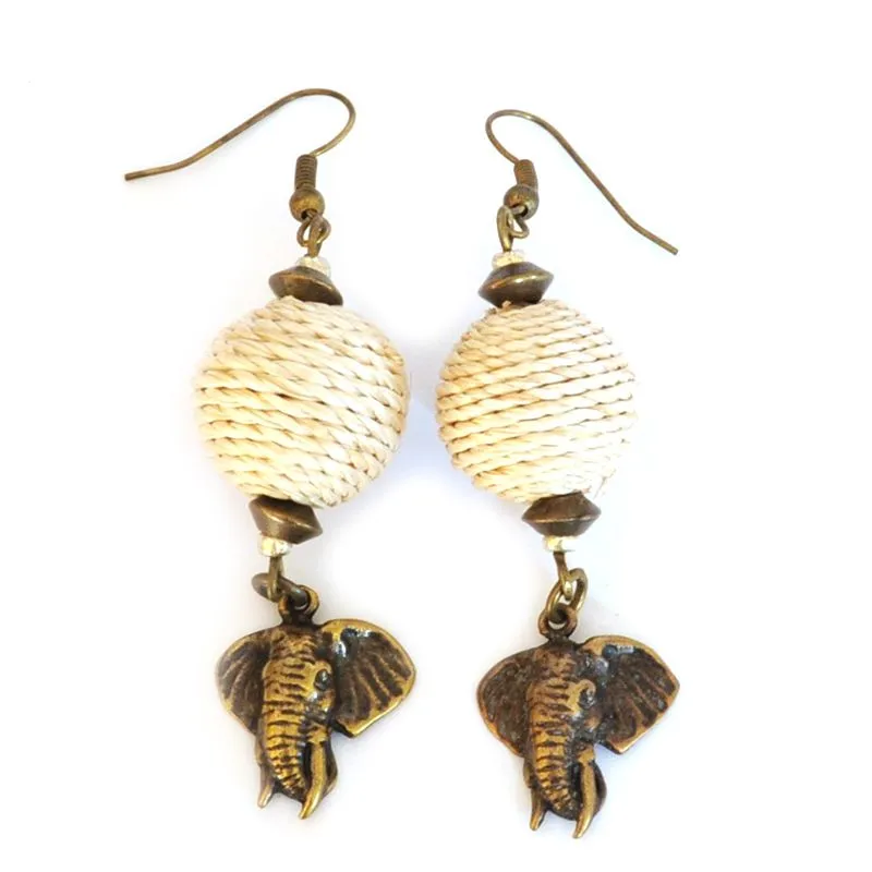 Brass elephant head earrings with sisal covered beads - ERE169