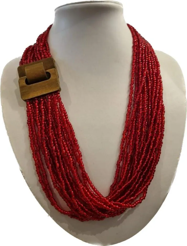 Chunky red seed bead necklace with wooden clasp - NWAS18
