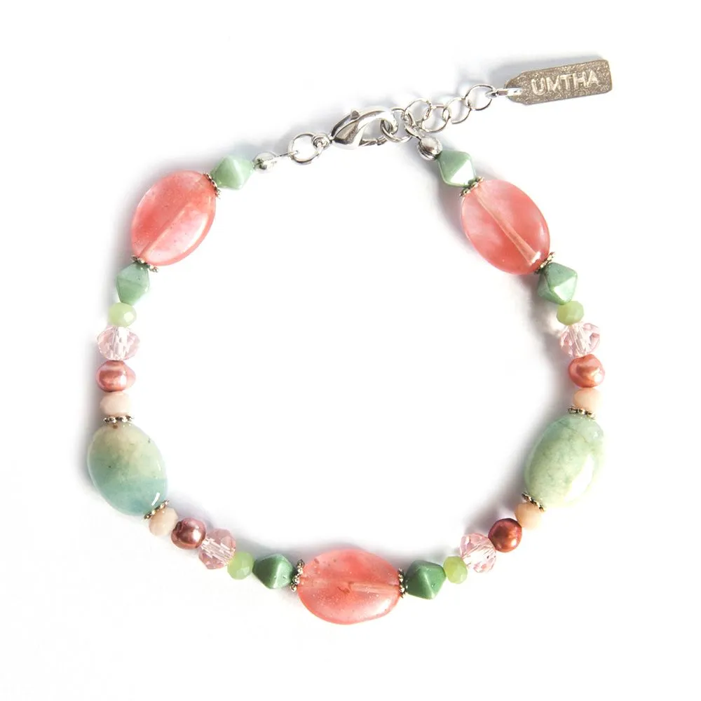 Cherry Quartz and Amazonite gemstone ovals, with freshwater pearls bracelet - BRPR02