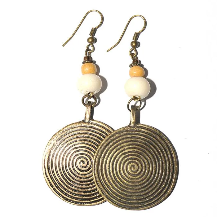 Antique brass spiral with bone & wood earrings - ERE50