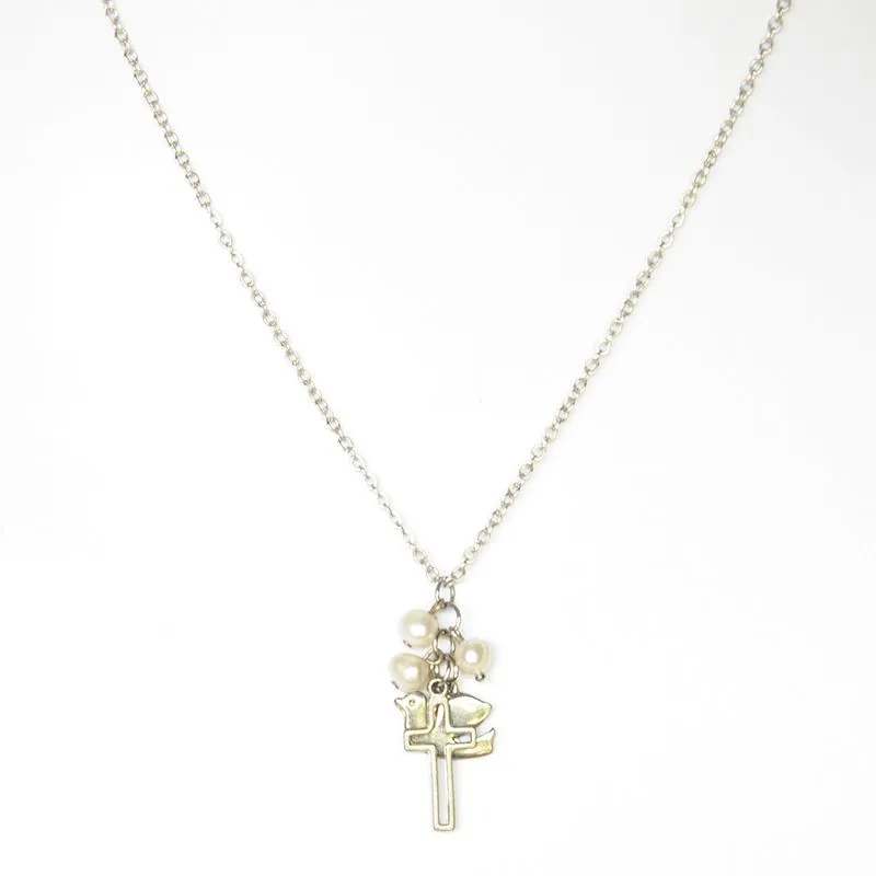 Cut-out cross with dove emblem and 3 freshwater pearls on chain - NWSF12