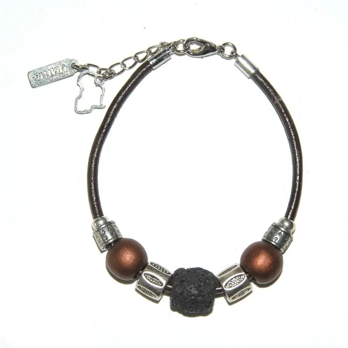 Lava stone, metallic wood and silver coloured metal on leather - BRLN13