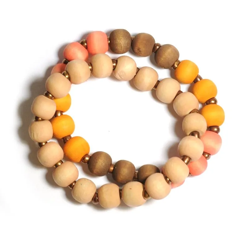 2 bracelet set. Wood with small glass beads - BRE137
