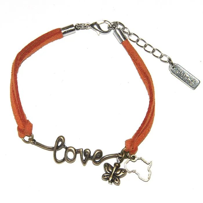 Antique brass metal "love" and orange suede - BRLN40B