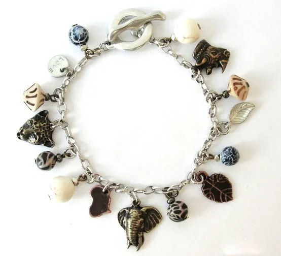 Animal charms with eclectic bead mix on antique brass chain - BRCH05