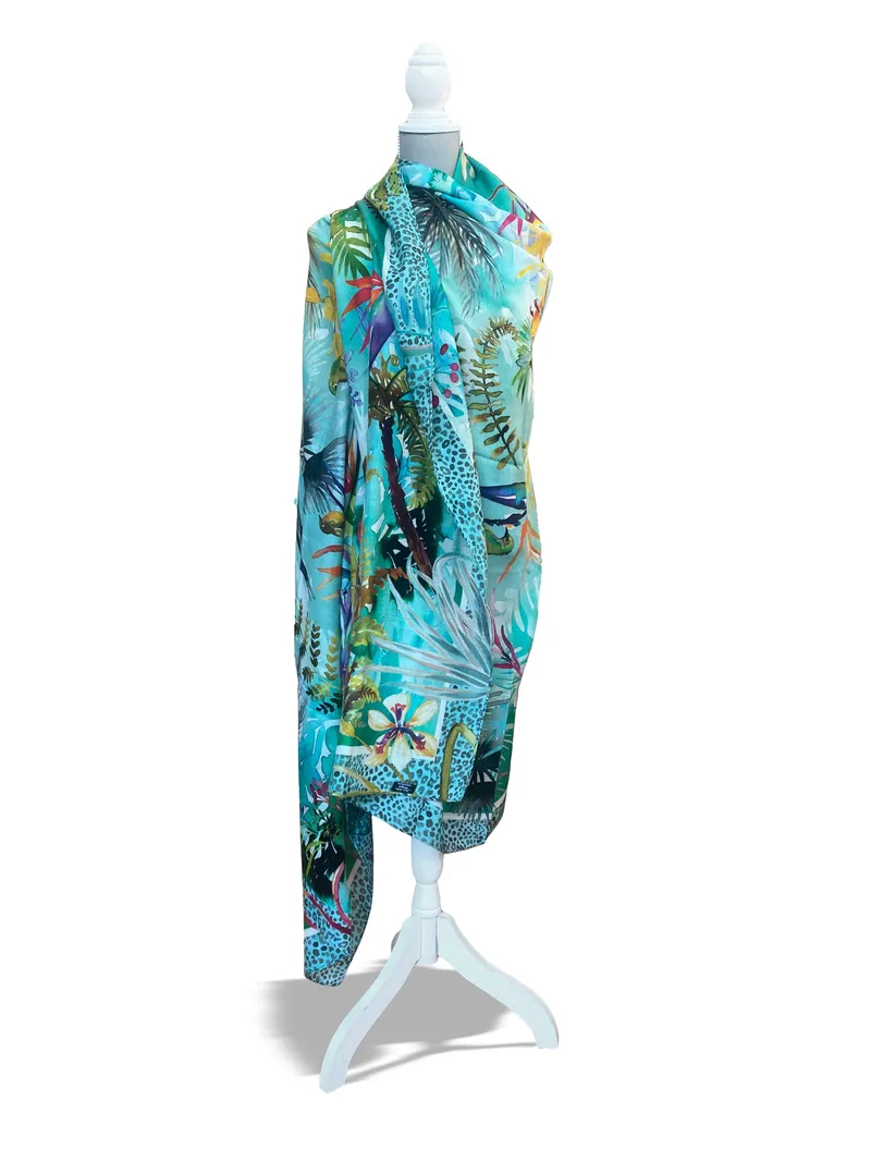 Aqua Botanical Fine Wool Scarf - Image 1