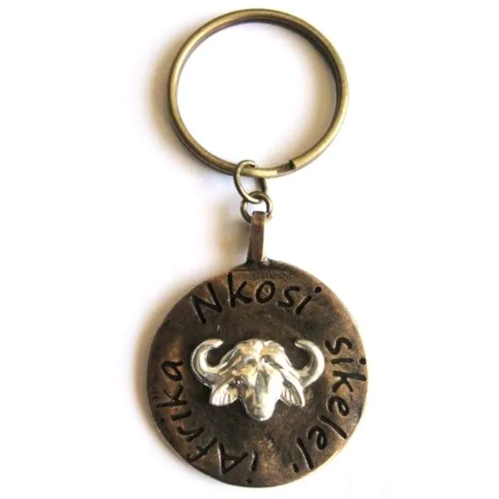 Buffalo image on antique brass disc with keyring attachment - KR04