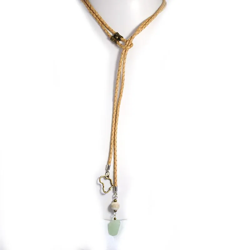 Aventurine stone and Africa charm with wood on a braided leather lariat - NWE165