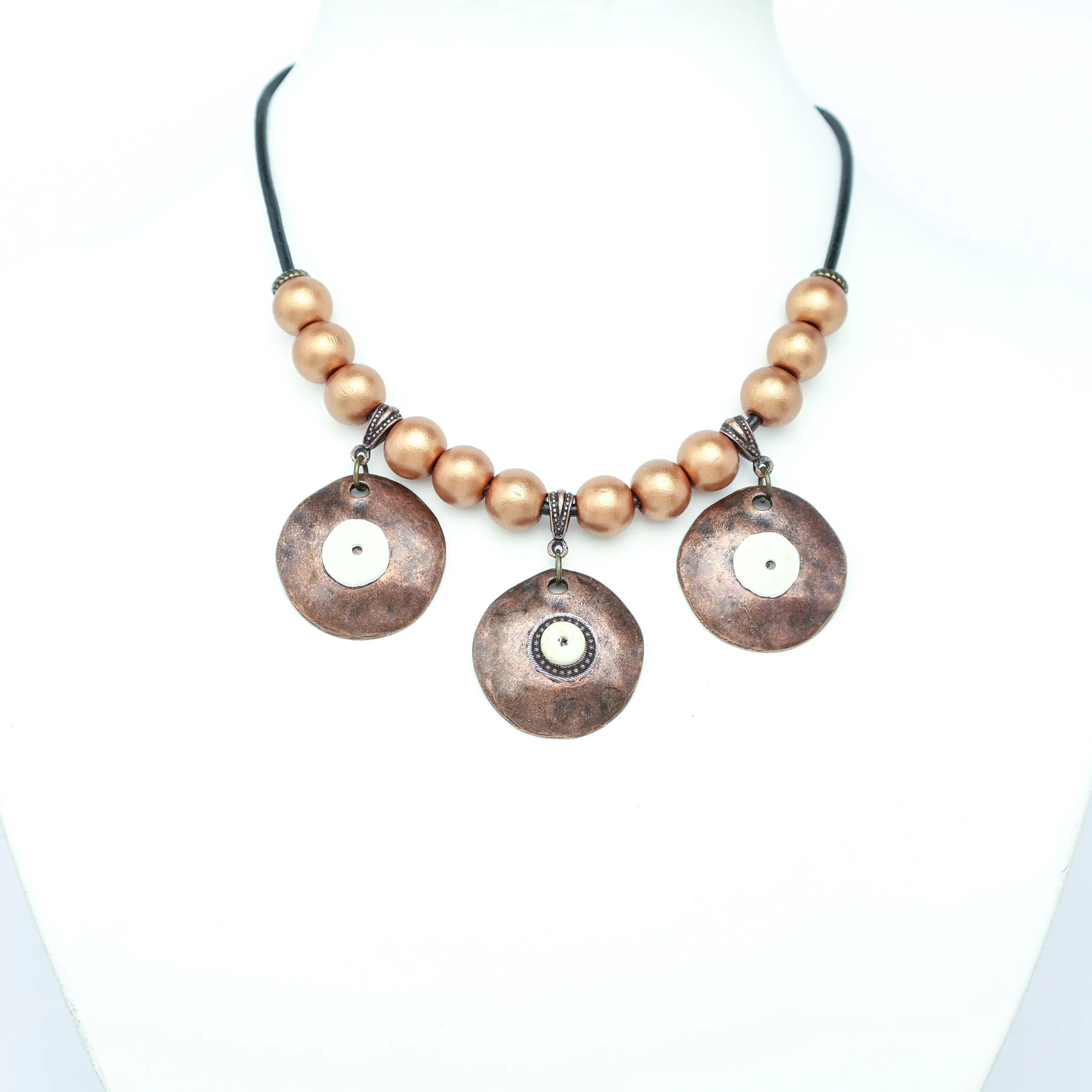Black leather necklace with metallic wood and copper-plated discs - NWGM03
