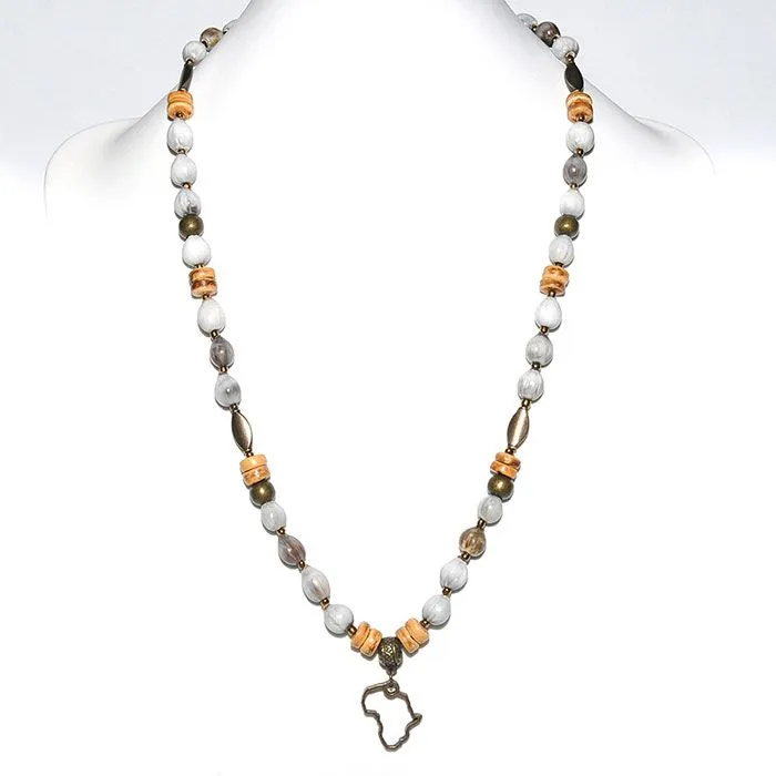 Africa charm with grey seeds, coconut wood & antique brass necklace - NWE80A