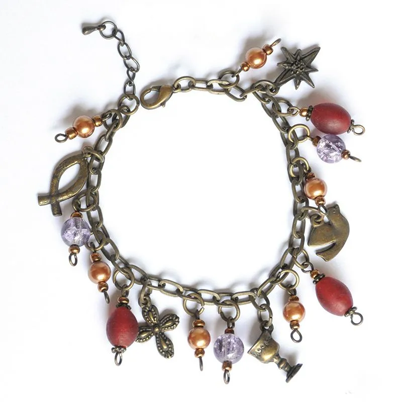 "Life of Jesus" bracelet. Red, purple and copper coloured beads with Christian symbols - BRSF901