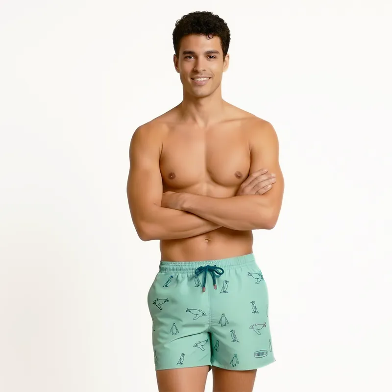 Mid-length Swim Shorts | Penguins Embroidery / Mint - Image 1