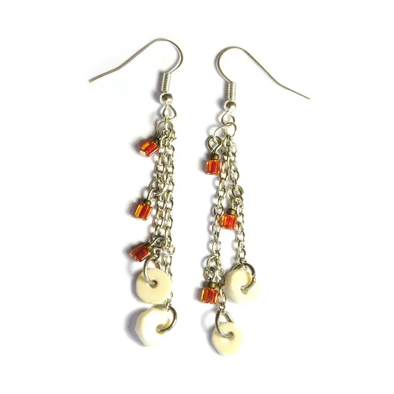 Ostrich eggshell and Czech glass on chain earrings - ERE124