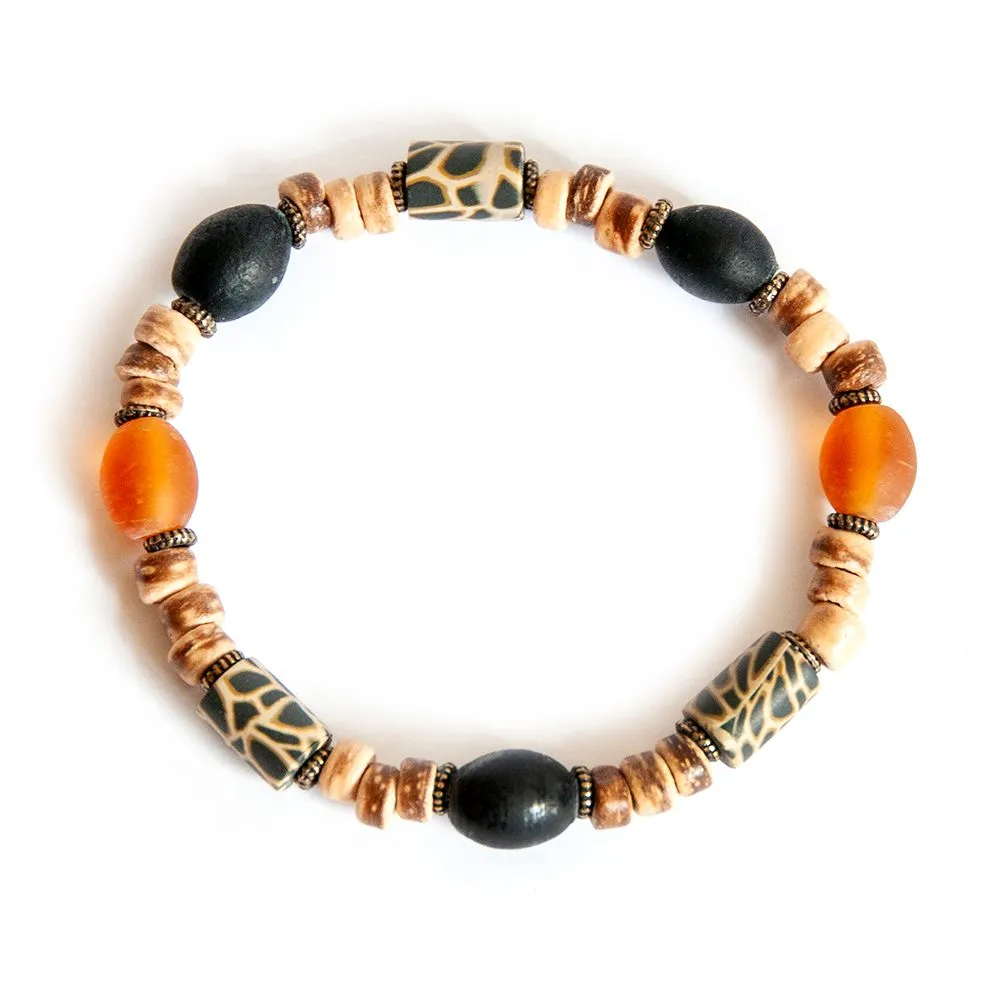 Amber and black frosted glass bracelet with coconut wood and animal print polymer clay - BRAS10
