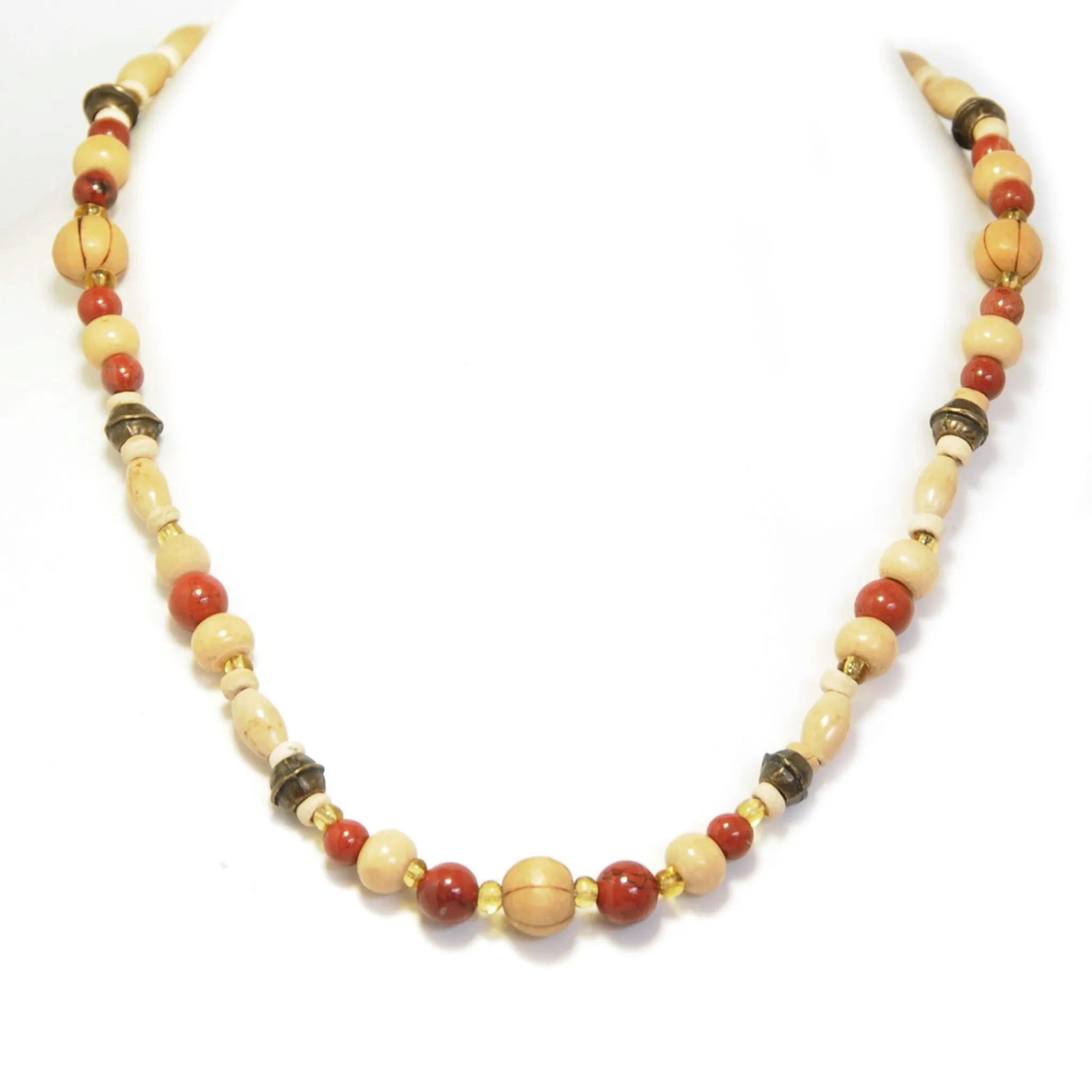 Red jasper, wood and antique brass beads necklace - NWE34