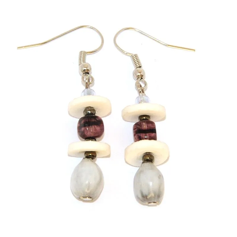 Zulu seeds with ostrich eggshell and amethyst coloured Czech glass beads earrings - ERE90B