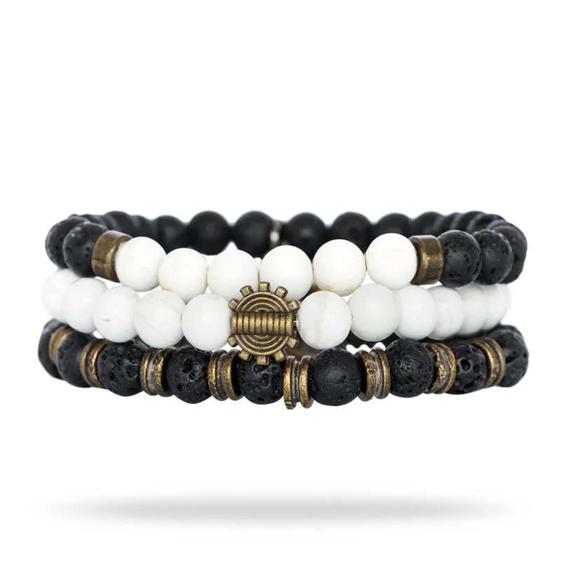 Black & White Beaded Bracelet Stack Featuring Lava & White Turquoise Beads - Image 1