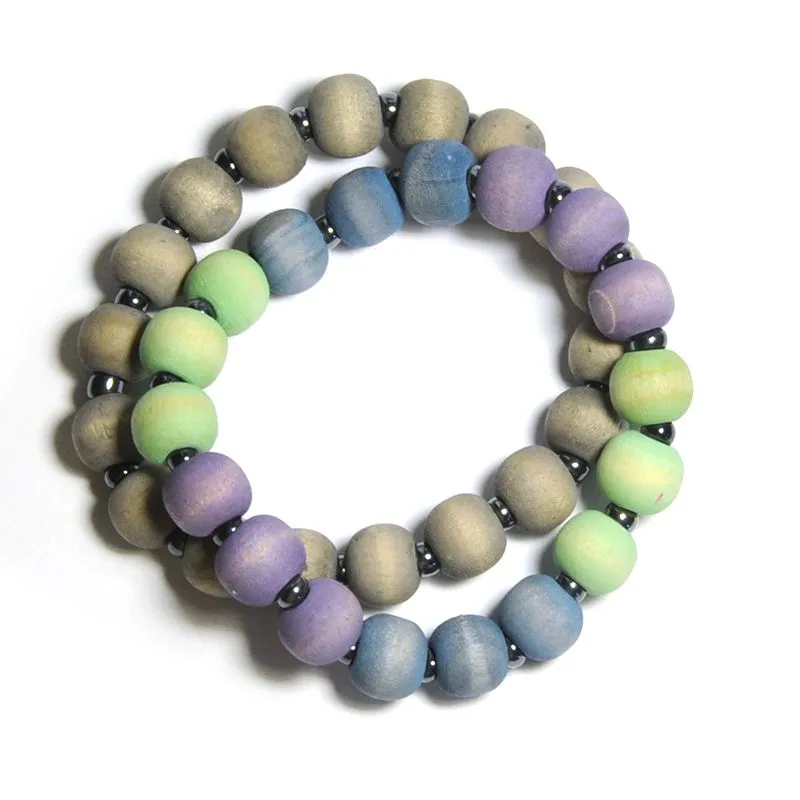 2 bracelet set. Wood with small glass beads - BRE139