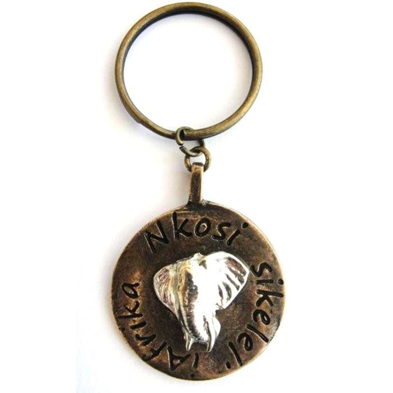 Elephant image on antique brass disc with keyring attachment - KR01