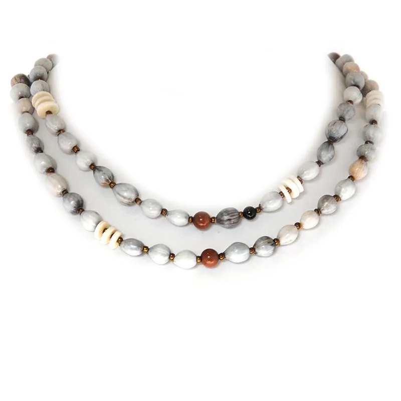 Grey Zulu "teething beads" with Goldstone and Onyx stones and ostrich eggshell necklace - NWE90A