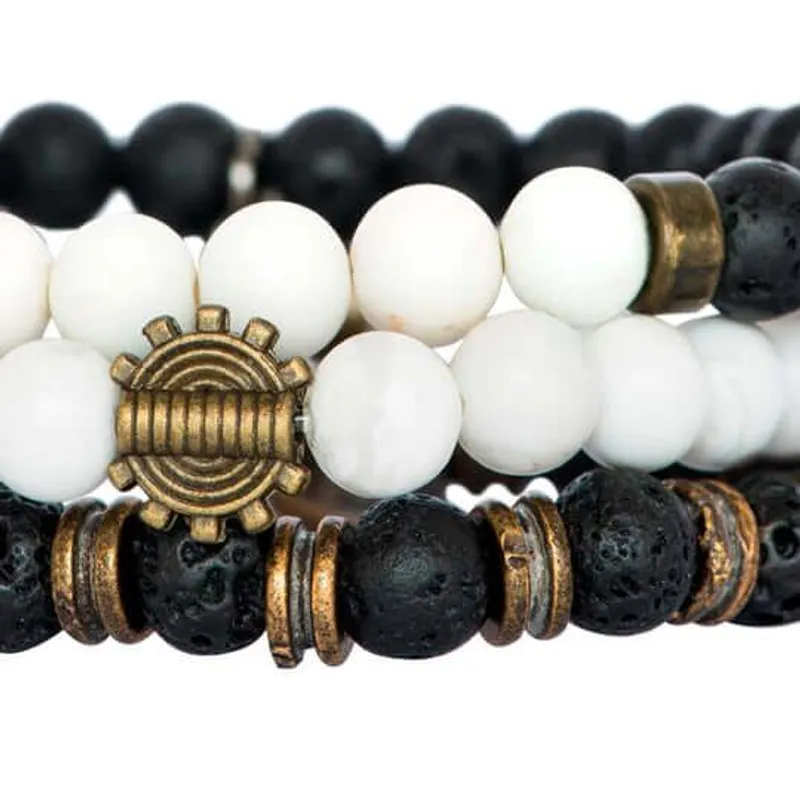 Black & White Beaded Bracelet Stack Featuring Lava & White Turquoise Beads - Image 2