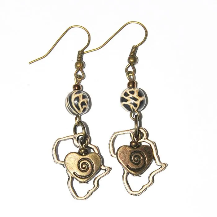 Animal skin polymer clay earrings with antique brass hearts in Africa - ERAAB