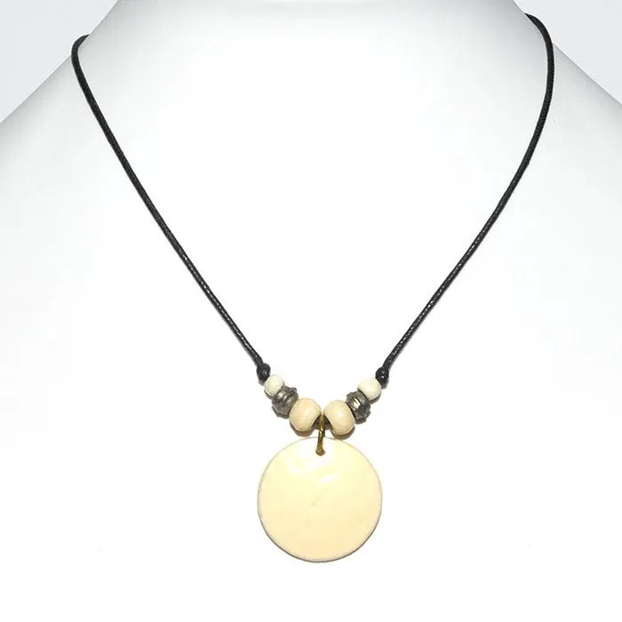 Small round ostrich shell pendant on cord necklace - NWE28A