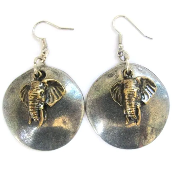 Elephants on antique silver colour disc earrings - ERLN48