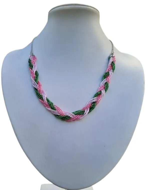 Braided pink and green seed bead necklace - NWPE03