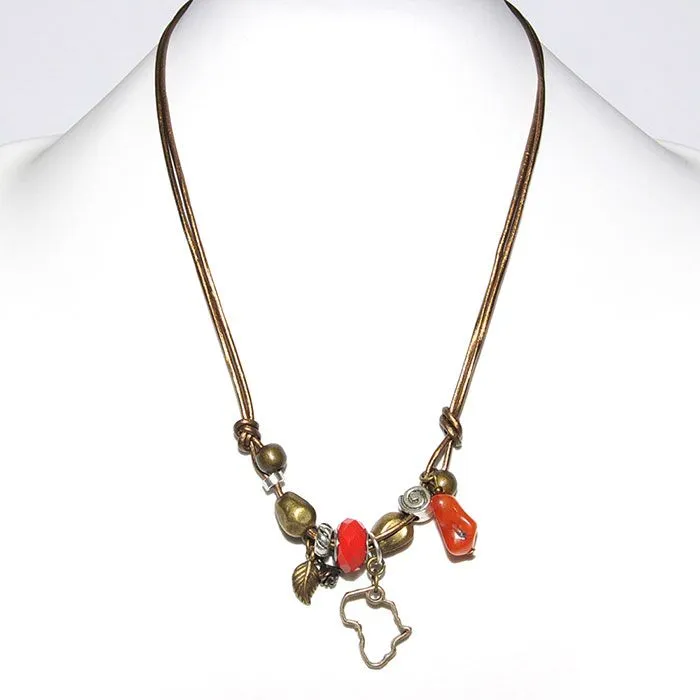 Metallic bronze leather necklace with mixed metal, carnelian & pandora bead - NWK09AF