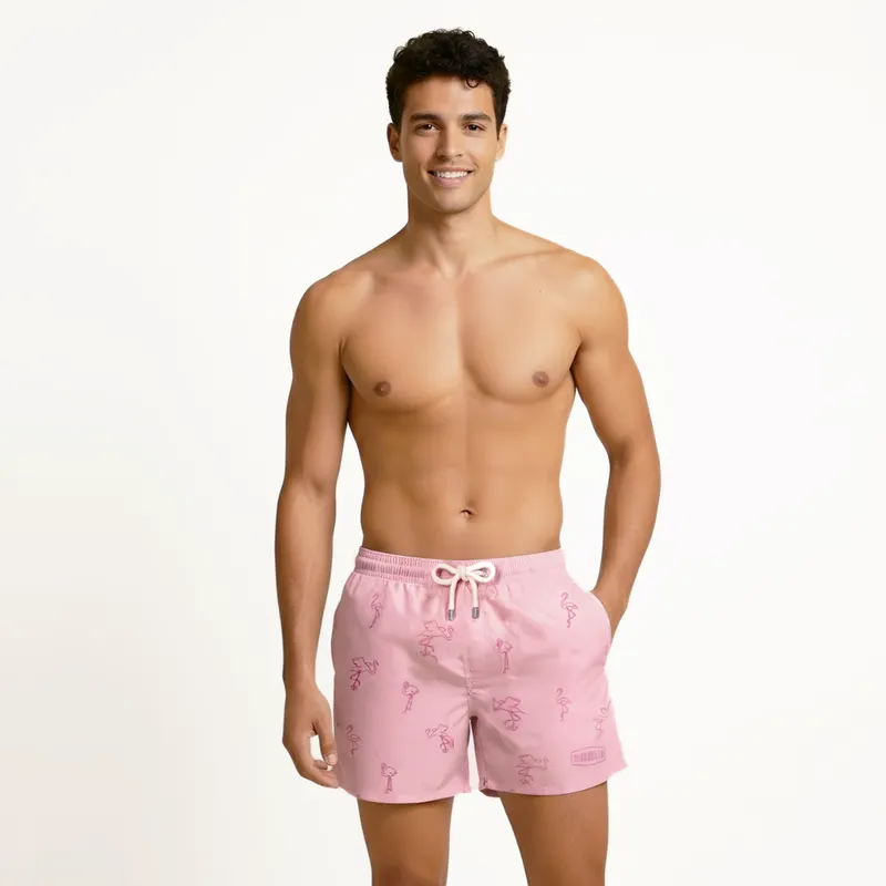 Mid-length Swim Shorts | Flamingo Embroidery / Pink - Image 1