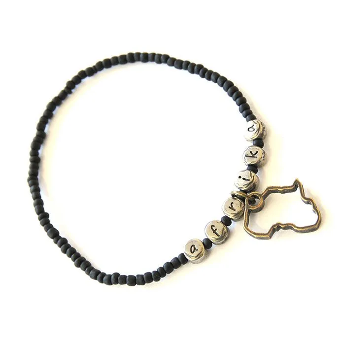 Black glass seed beads with Africa letters and map bracelet - BRBN10