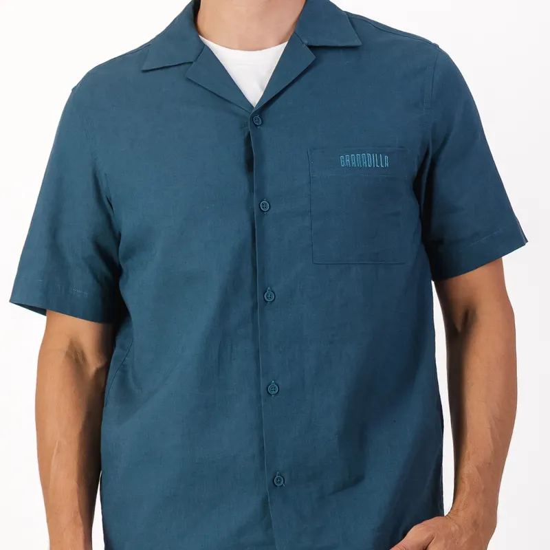 Mens Short Sleeve Revere Collar Shirt | Plain / Teal - Image 2