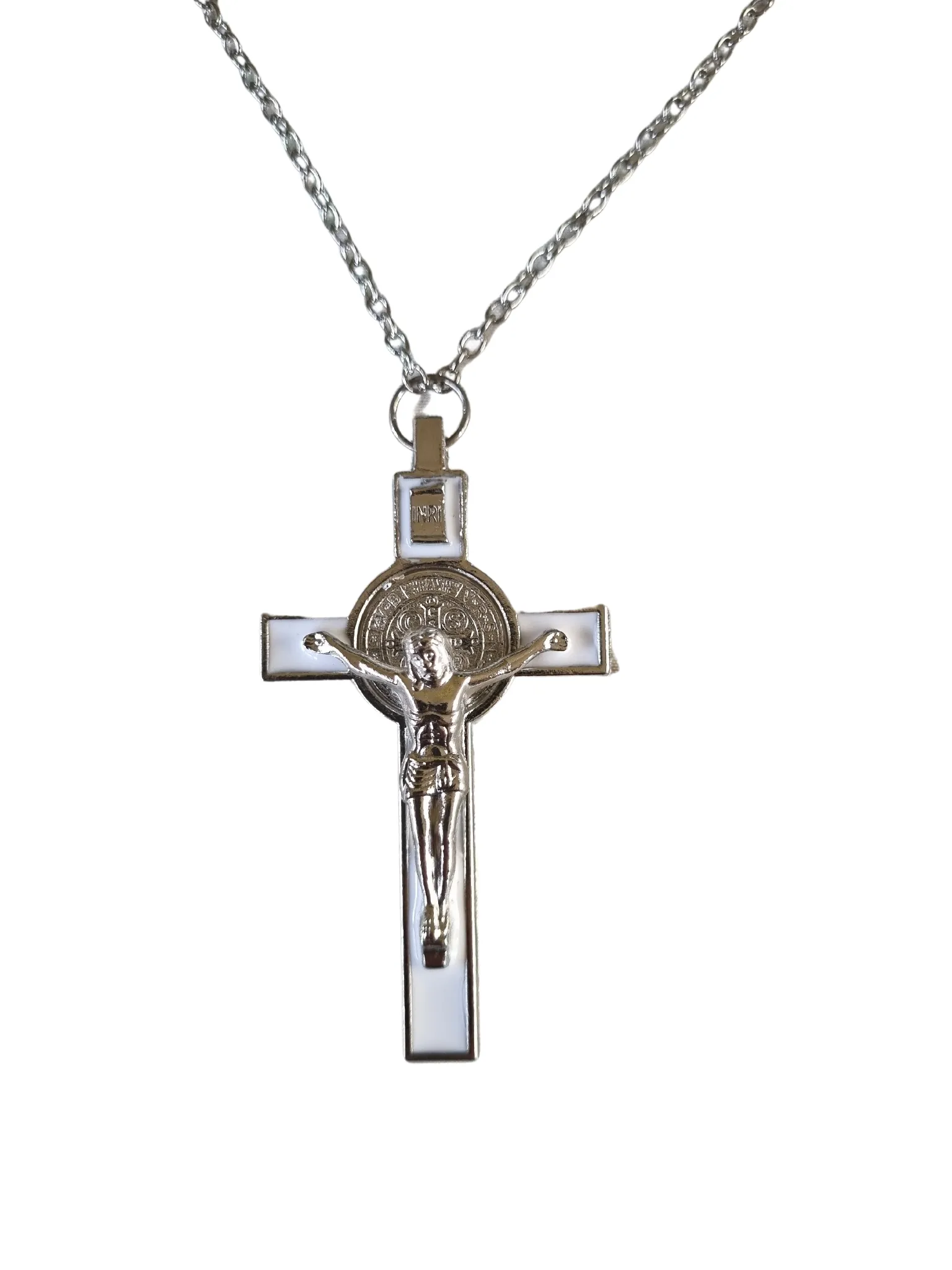A silver crucifix  with white enamel measuring 7.5cm long and 4.5cm wide on an 85cm length silver chain- NWCH08