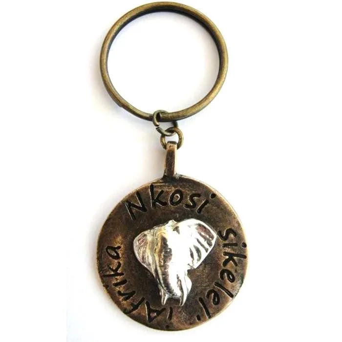 Elephant image on antique brass disc with keyring attachment - KR01