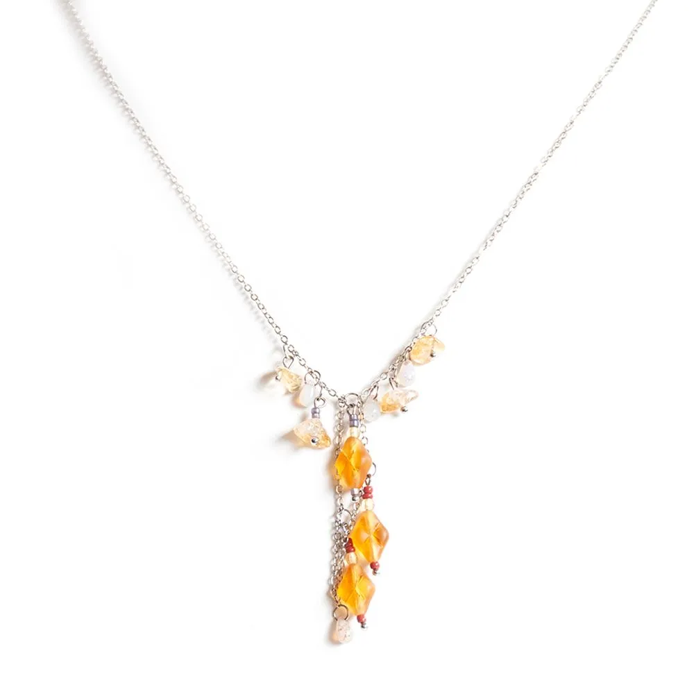 Asymmetrical bead chain, Citrine gemstone chips, and golden Czech glass necklace - NWST01