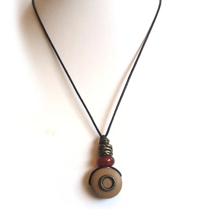 Wooden disc necklace with Carnelian /or Jasper gemstone - NWAS11 - Image 1