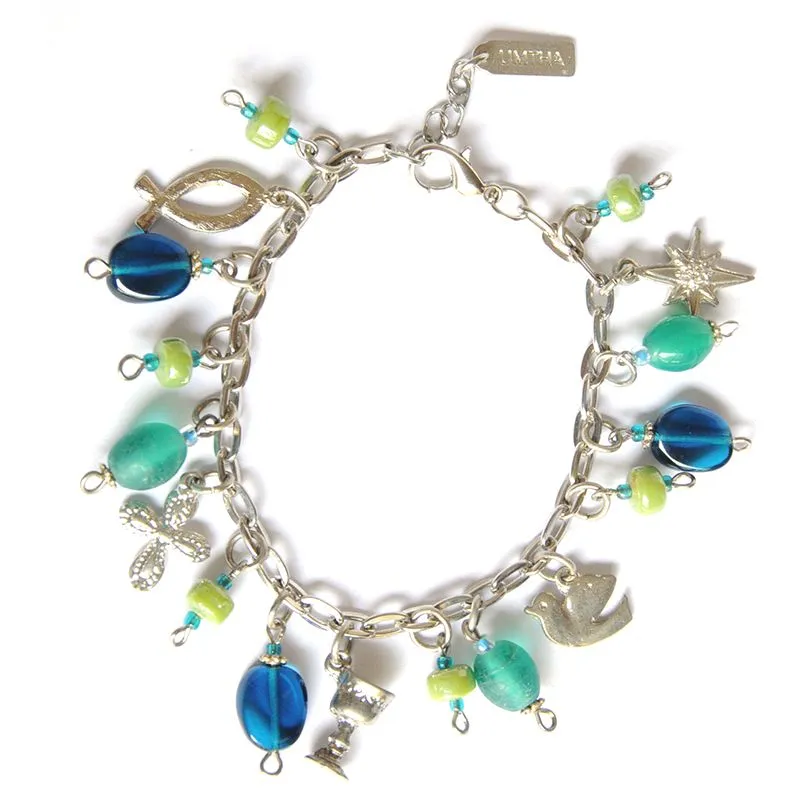 "Life of Jesus" bracelet. Lime, blue and aqua beads with various Christian symbols - BRSF801