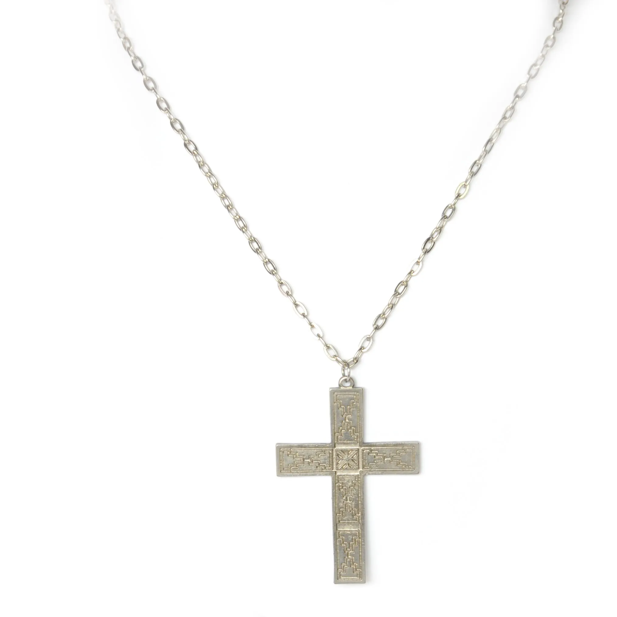 Large antique silver colour cross necklace with ethnic design - NWCES