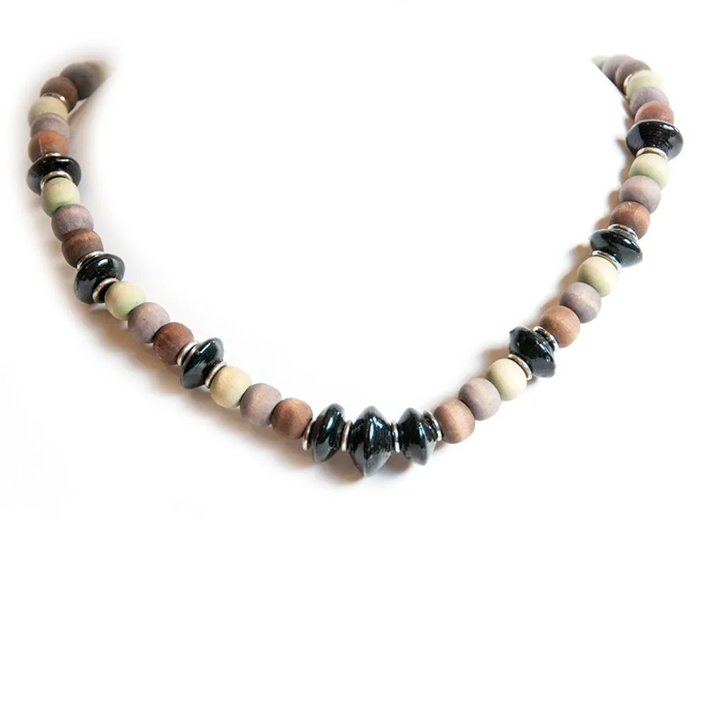 Paper beaded necklace with dye washed wood - NWE136