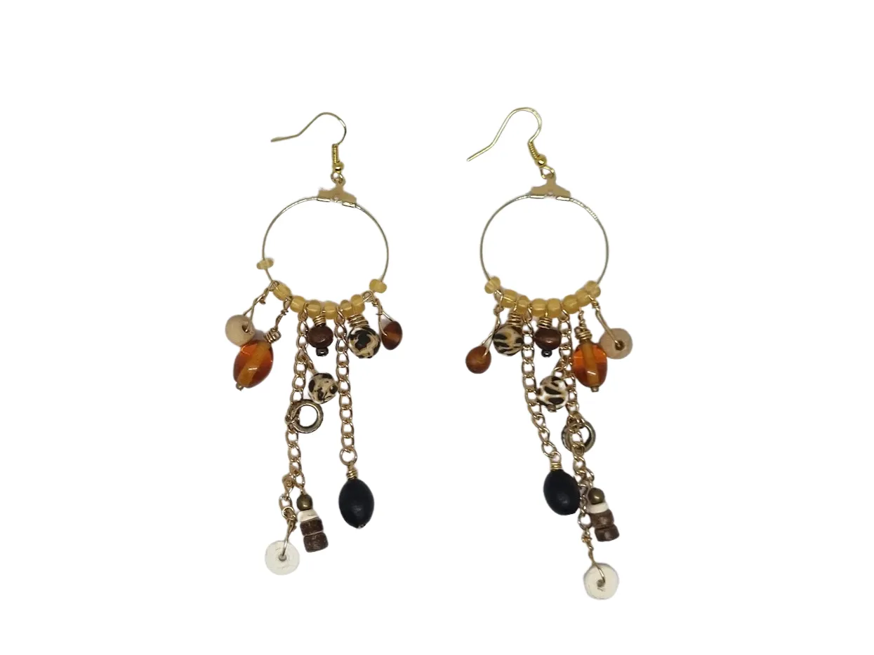Colours of browns and black are highlighted in this pair of hoop earrings made with amber, black and other glass, cheetah fimo and other wood and ostrich eggshell - ERAS20