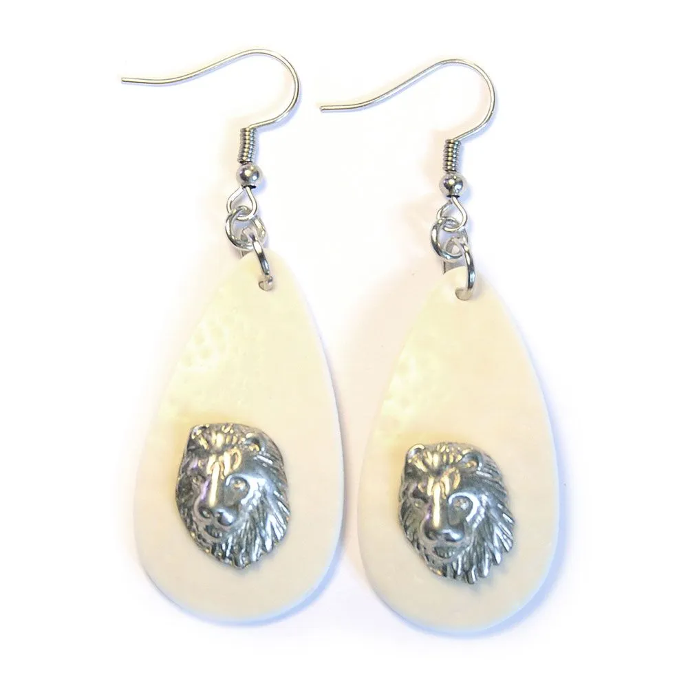 Ostrich eggshell earrings with lion heads - ERE193