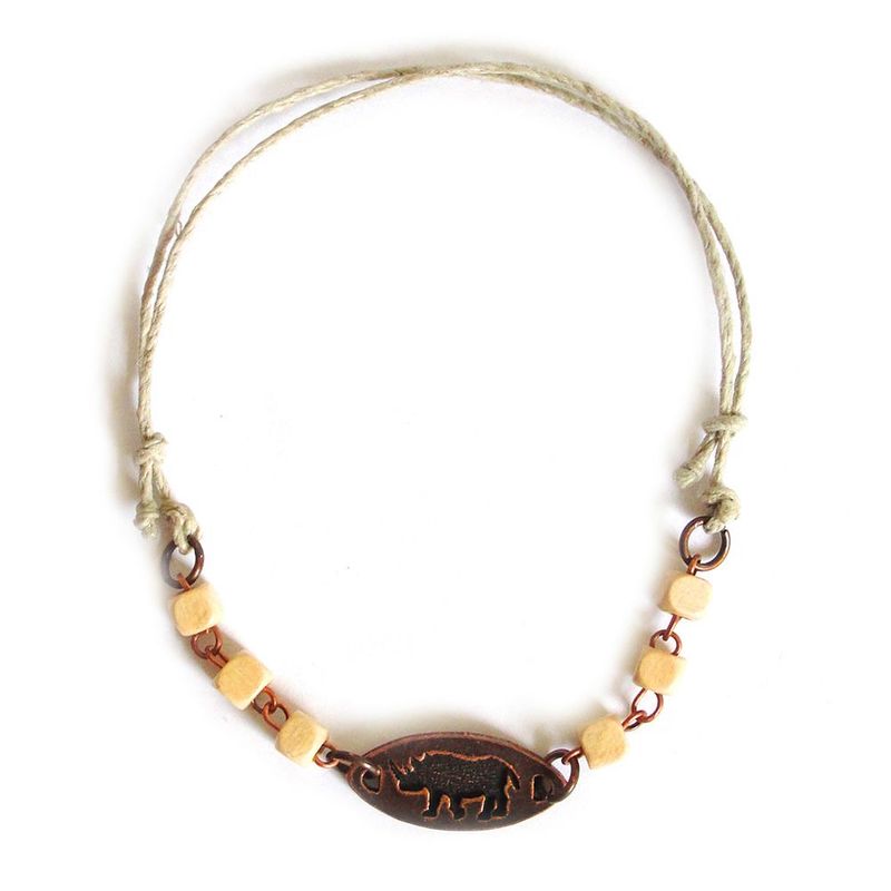 Adjustable hemp ankle bracelet, wooden beads with engraved antique copper (rhino) - ABAS13