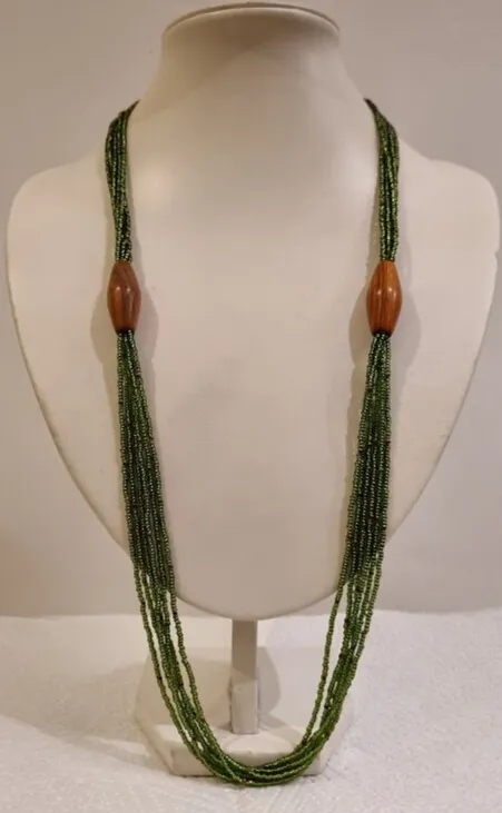 Long green and bronze seed bead necklace with wooden beads - NWAS19