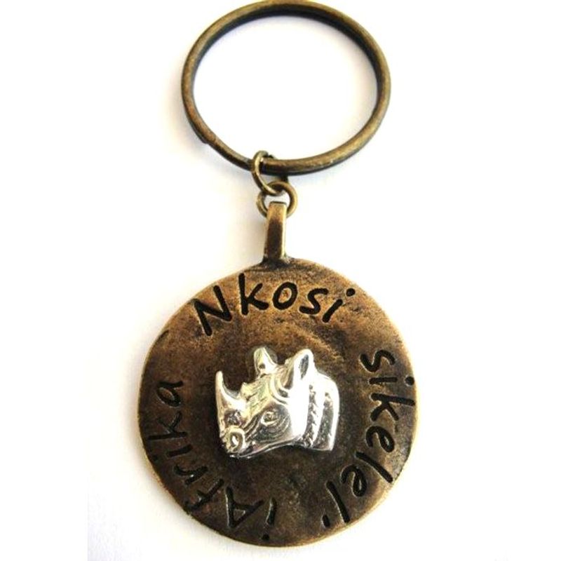 Rhino image on antique brass disc with keyring attachment - KR05