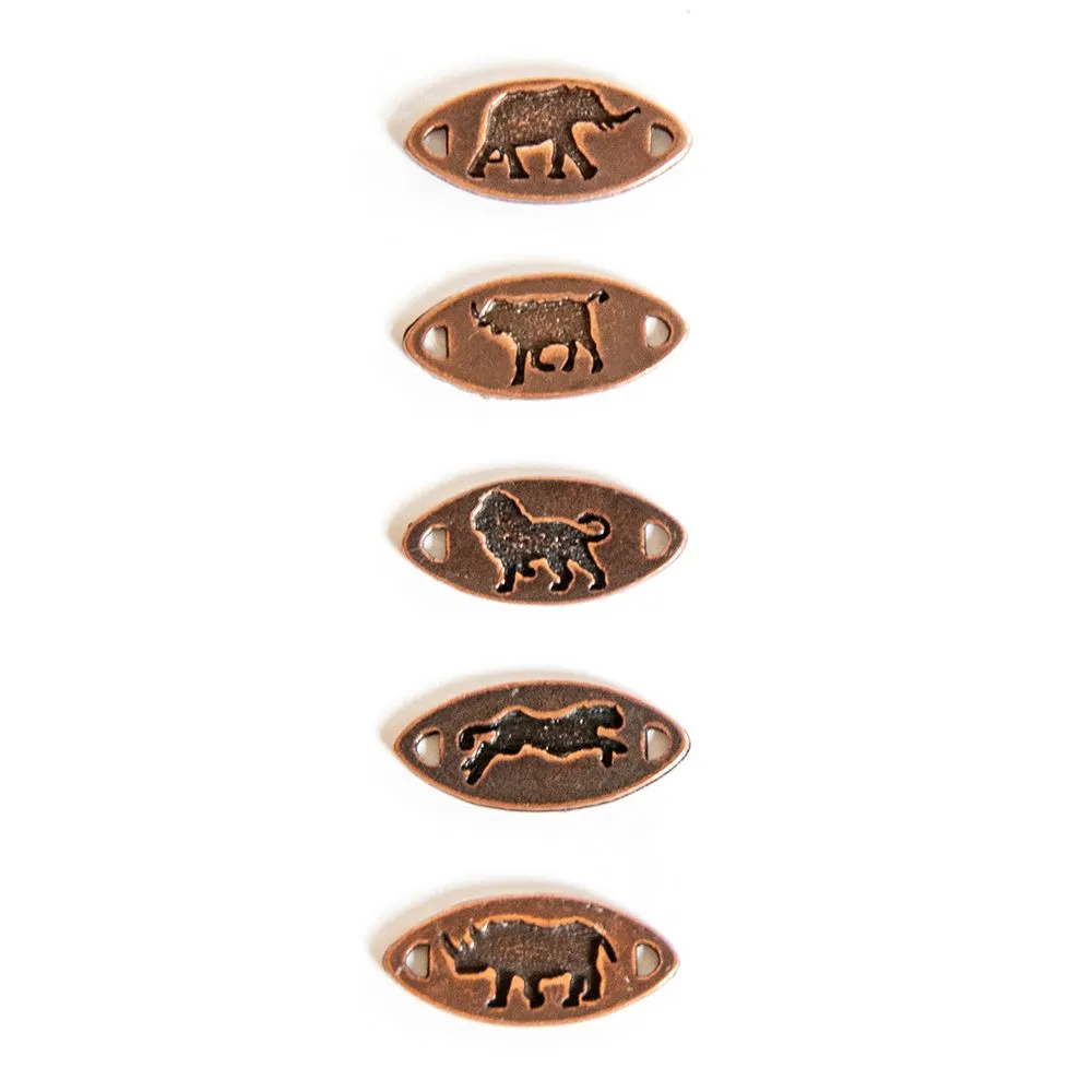An adjustable hemp ankle bracelet with wooden beads and an engraved animal disc in antique copper - ABAS13