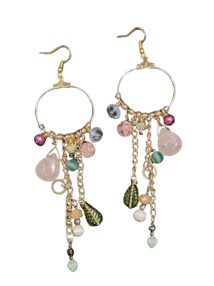 Gold Earring Hoops with beads and stones in colours that match the Bearded Sugarbush Protea - ERPR03