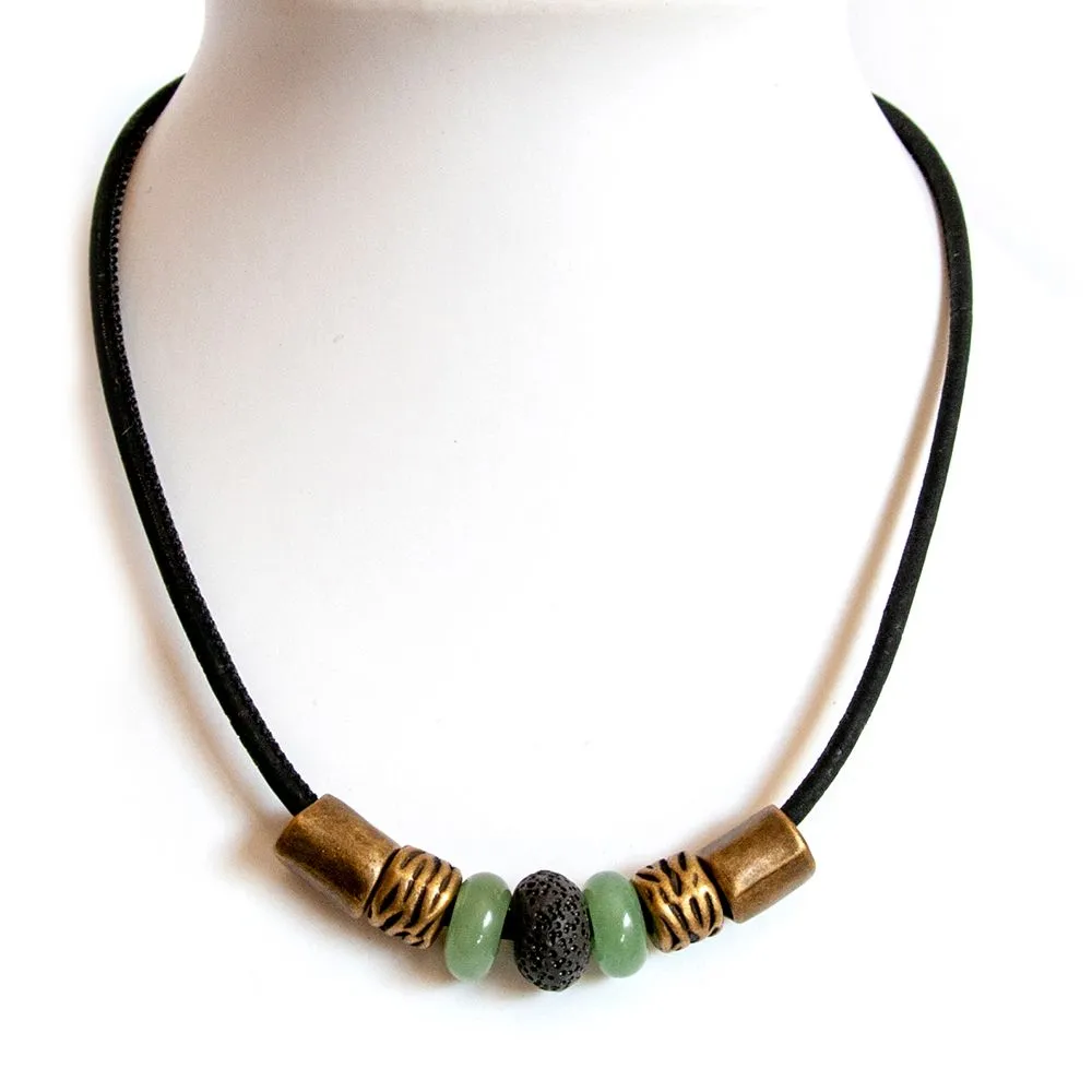 Black cork necklace with lava stone, green Aventurine and antique brass - NWAS05