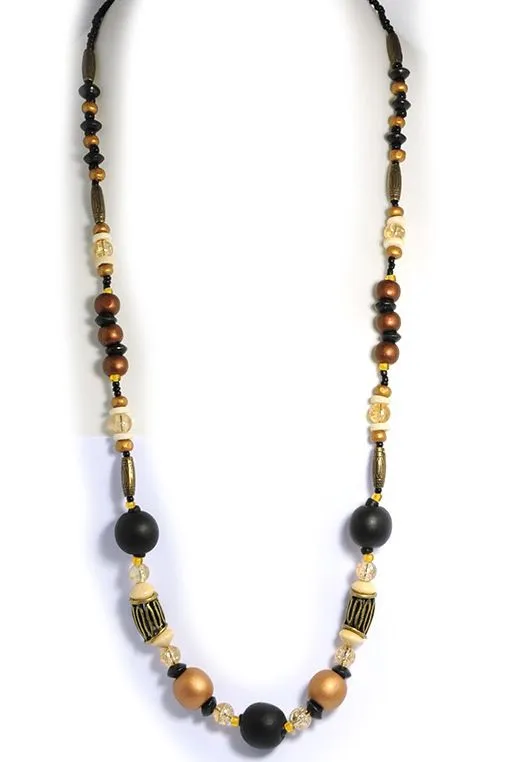 Elegant wood, glass, antique brass necklace - NWE97