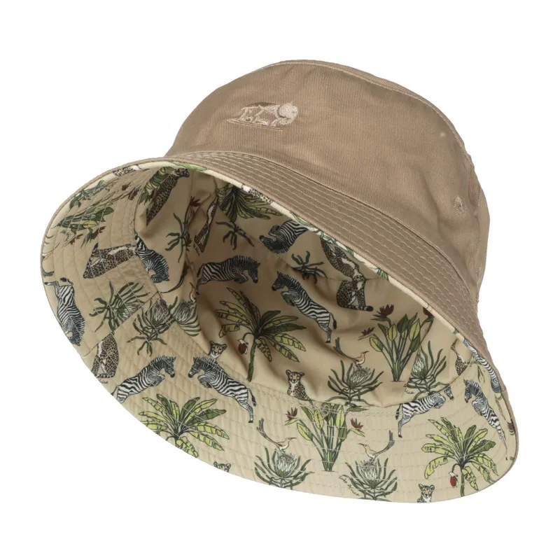 Into Africa Stone Reversible Jumping Zebra Khaki Bucket Hat - Image 1